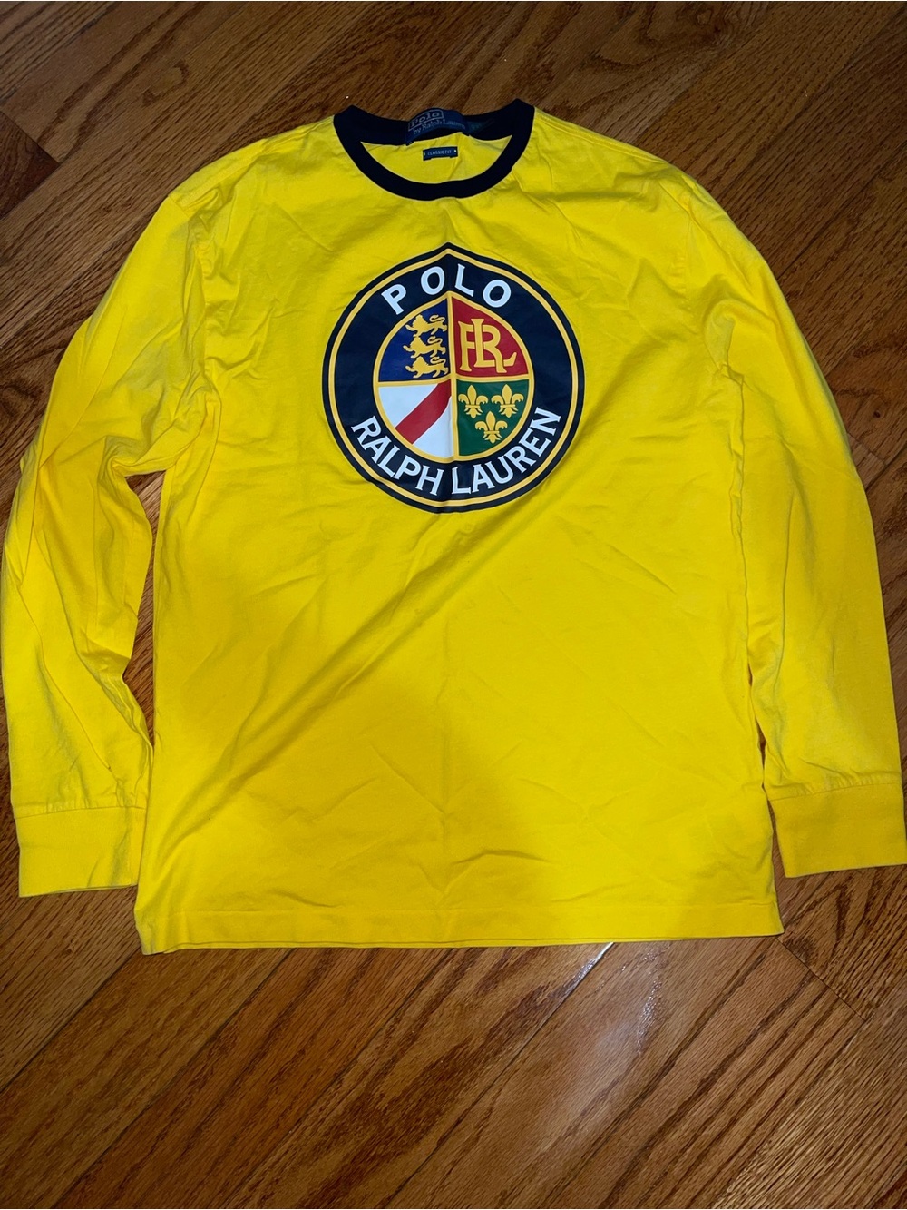 Ralph Lauren Yellow Long-Sleeve Crest Logo Tee with Navy Trim size small men’s